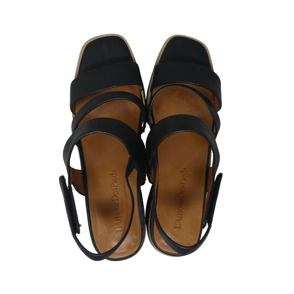 L'Amour Des Pieds Quennell Black Leather Open Square Toe Block Heel Sandals - Picture 7 of 13